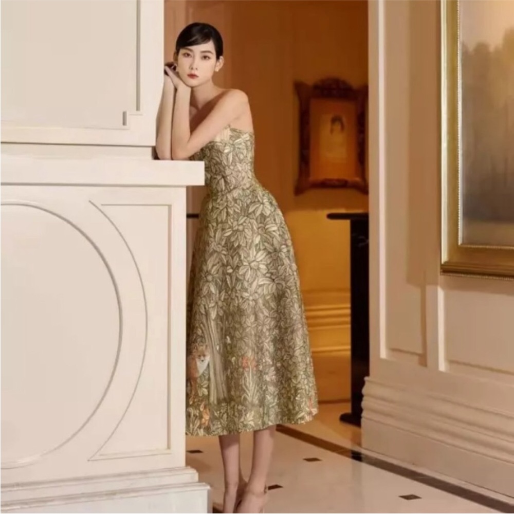 Elegant Montsand* Vintage Style Enchanted Forest Green Midi Dress
